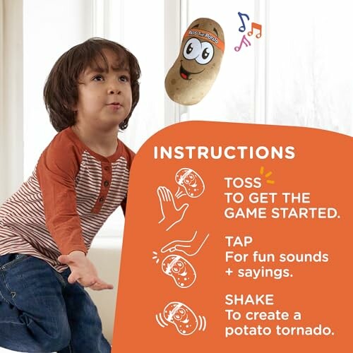 Child playing with a talking potato toy with instructions.