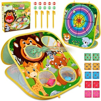 Colorful animal-themed bean bag toss game with targets and bean bags.