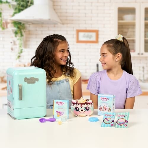 Two kids with a baking playset and cake in a kitchen setting.