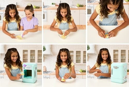 Children using a toy baking playset in a kitchen setting.