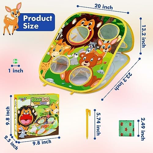 Kids bean bag toss game with animal design and product dimensions.