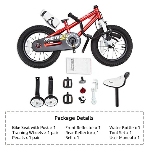 Kids bike with accessories including training wheels, bike seat, water bottle, and tools.