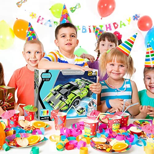 Children at a birthday party with toys and decorations.