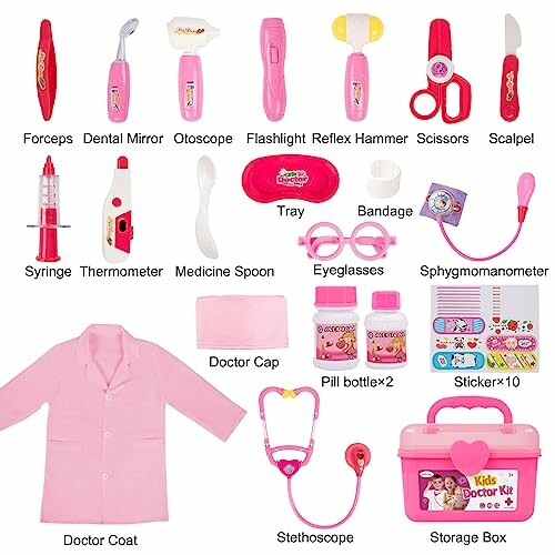 Kids doctor kit toy set with medical tools and accessories.