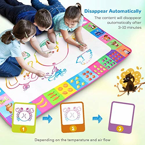 Children using a colorful drawing mat with disappearing ink feature.