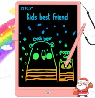 Colorful kids drawing tablet with bear and cat sketches