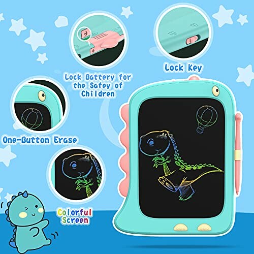 Children's drawing tablet with dinosaur illustration and safety features.