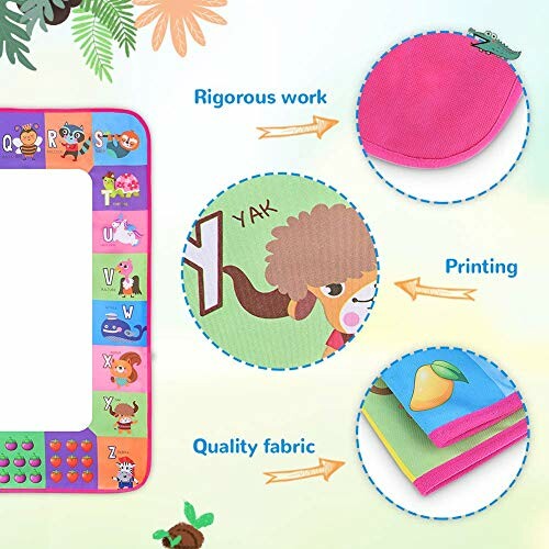 Educational drawing mat with alphabet and animal illustrations.