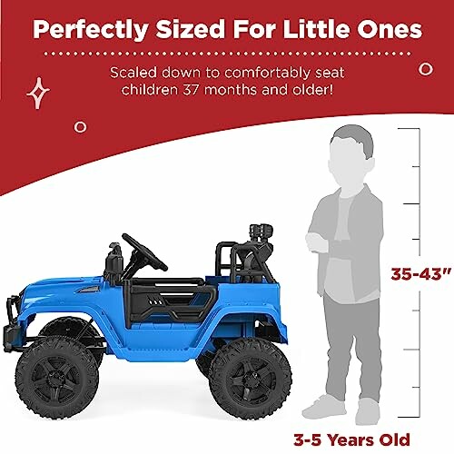 Blue kids' electric ride-on car with height guide for ages 3-5.