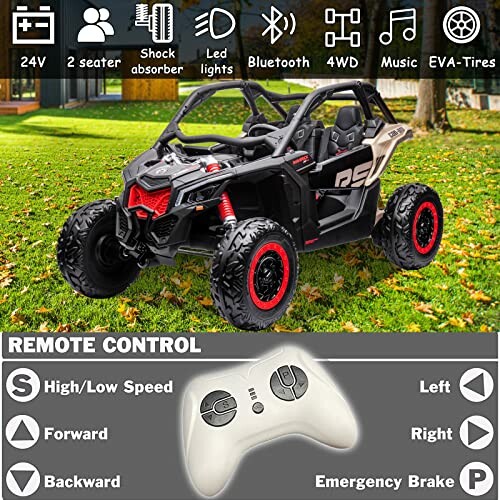 Kids electric ride-on car with remote control and features like 24V battery, 2 seater, LED lights, Bluetooth, 4WD, music, and EVA tires.