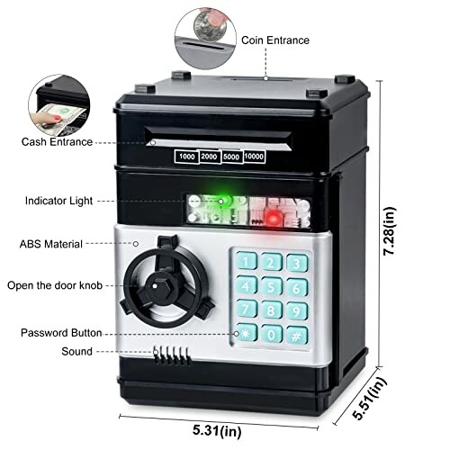 Kids electronic piggy bank with password keypad and coin entrance.