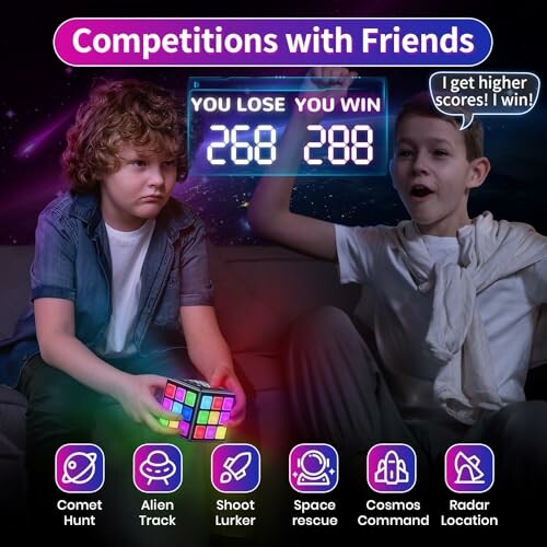 Two kids playing a colorful electronic game with a score display showing 'You Lose' and 'You Win'.