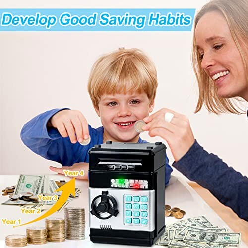 Child and adult using a toy safe to save money with coins and bills.