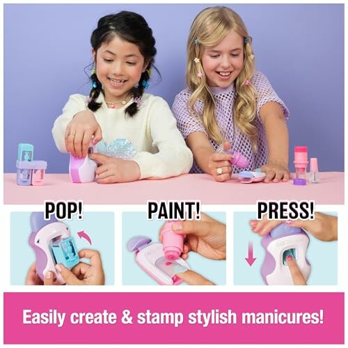 Two children using a nail art stamping kit.