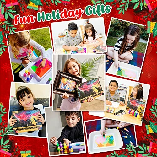 Collage of children painting with Magic Marbling Art Kits, ideal holiday gifts.