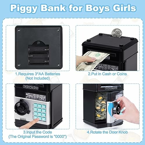 Instructions for using a kid's piggy bank with digital keypad and coin slot.