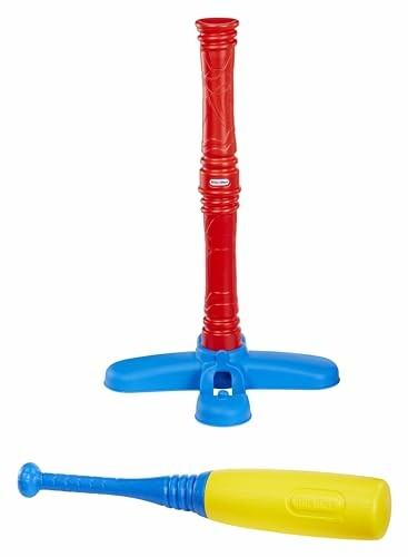 Kids plastic T-ball set with red tee and yellow bat.