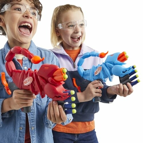 Two children excitedly playing with Nerf blasters. The perfect companions for kids' playtime!