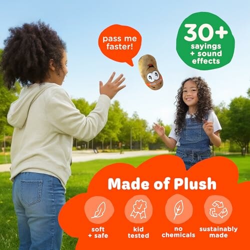 Two children playing catch with a plush toy in a park.