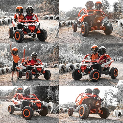 Children wearing helmets driving an off-road vehicle on a dirt track.