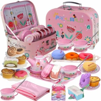 Colorful children's tea set with cups, saucers, teapot, and play desserts in a suitcase.