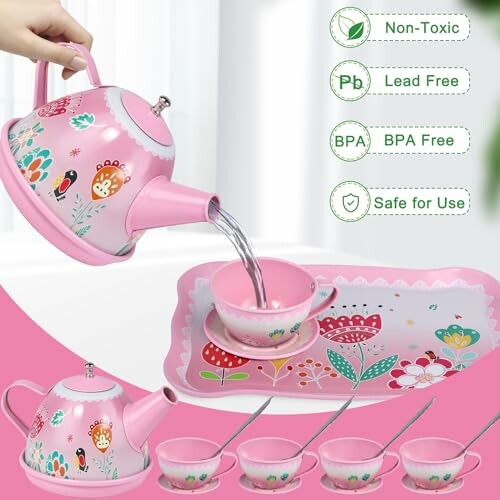 Colorful kids tea set with teapot and cups, labeled non-toxic, lead and BPA free.