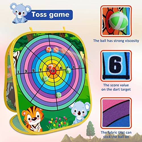 Colorful kids toss game board with animal illustrations and numbered target.