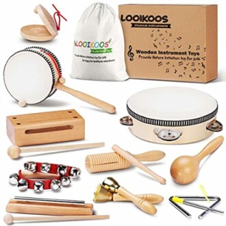 Set of wooden musical instrument toys for kids including tambourine, maracas, bells, and more.