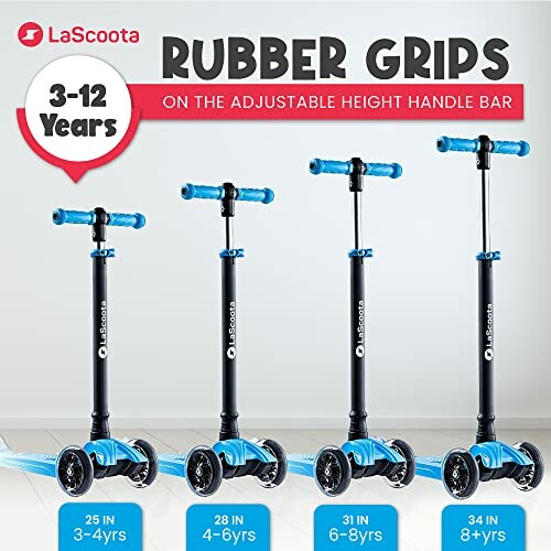 LaScoota scooters with adjustable height handle bars for ages 3-12.