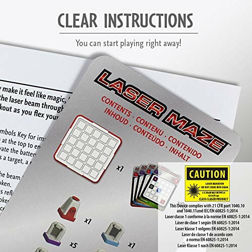 Laser Maze game instructions with caution label and game pieces.