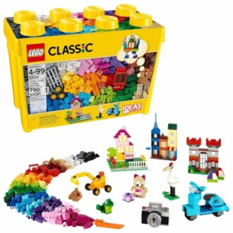 LEGO Classic brick box with various colorful pieces and mini builds.