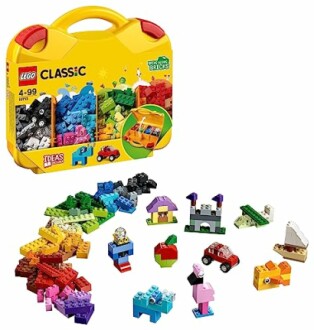 LEGO Classic set with a yellow suitcase and colorful bricks.