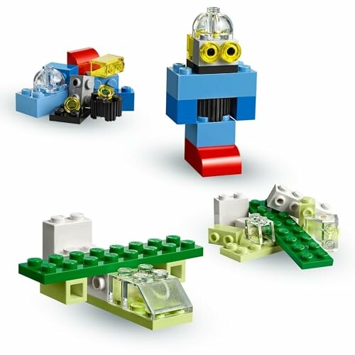 Colorful Lego constructions including a robot and vehicles.