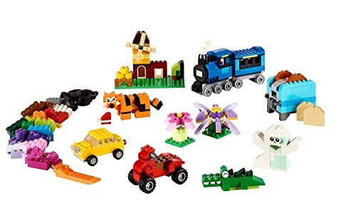 Colorful LEGO brick set with various toy models including a train, car, and animals.