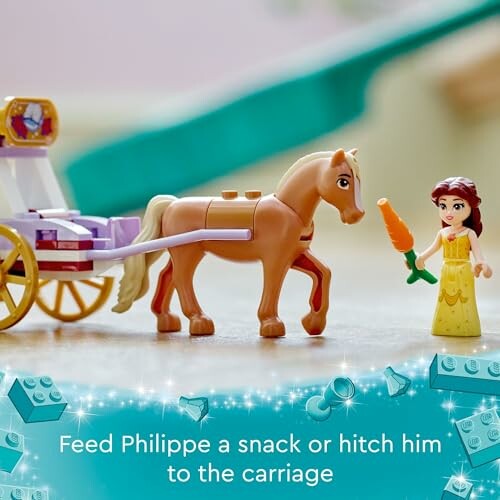 Lego toy horse and carriage with a figure holding a carrot.