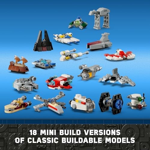 18 mini LEGO Star Wars models on blue background