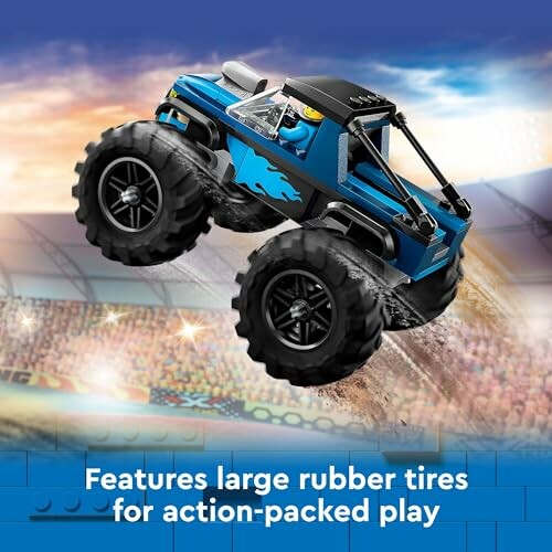 Lego monster truck with large rubber tires in a stadium