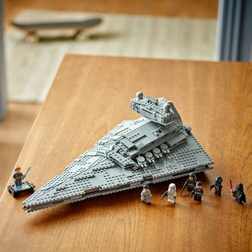 LEGO Star Wars Imperial Destroyer with mini figures on a table.