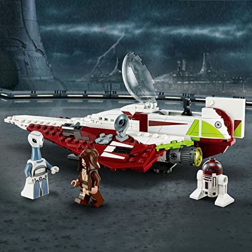 LEGO Star Wars Jedi Starfighter with minifigures on a space-themed background.