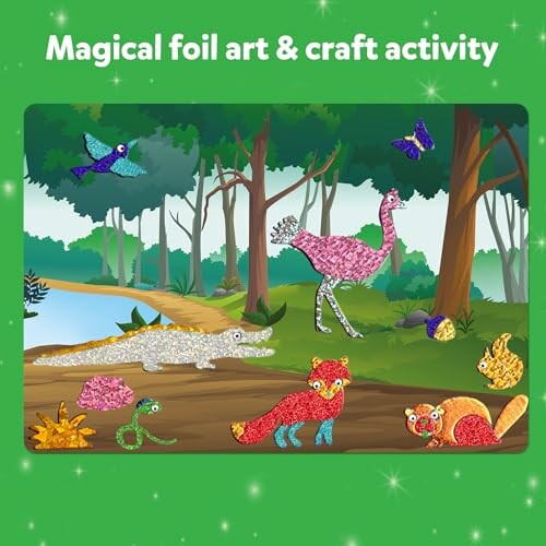 Colorful foil art animals in a forest