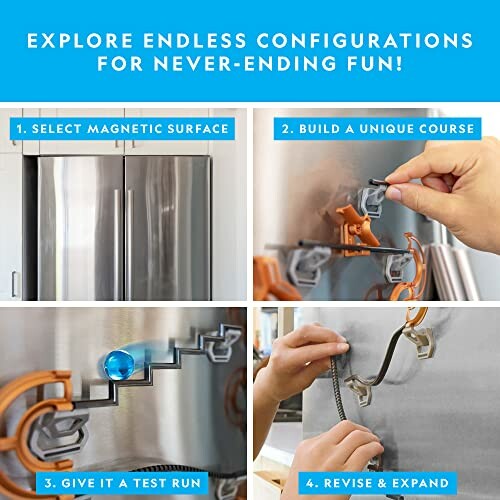 Steps to create a magnetic ball course on a fridge.