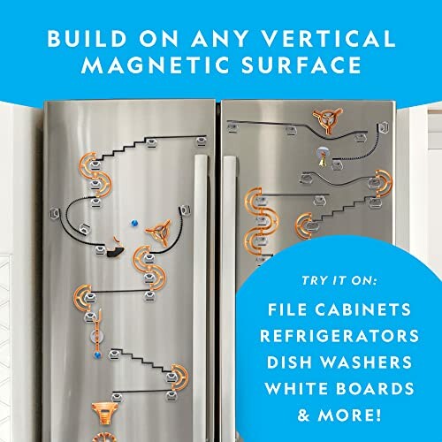 Magnetic toy on refrigerator with text about vertical surfaces.