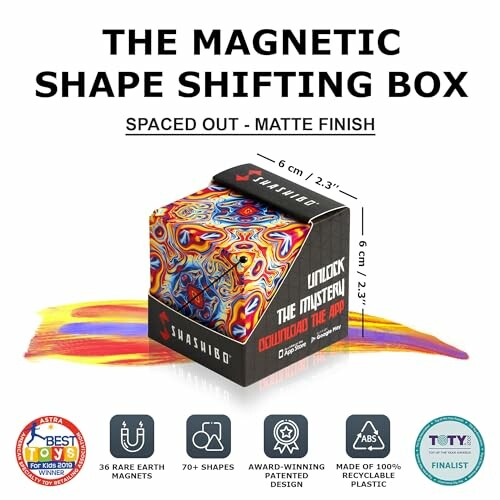 Shashibo magnetic shape-shifting box with colorful design and dimensions.