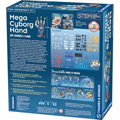 Mega Cyborg Hand STEM experiment kit box with contents and features displayed.