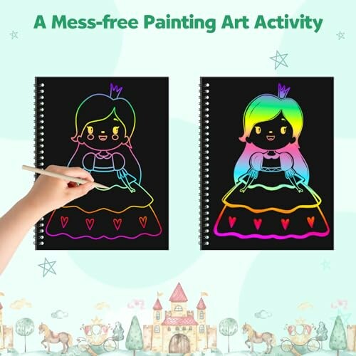 Child using scratch art pad to create colorful princess drawings.