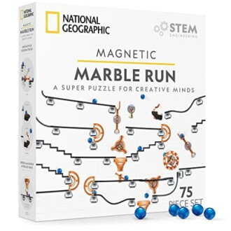 National Geographic magnetic marble run STEM toy set with 75 pieces.