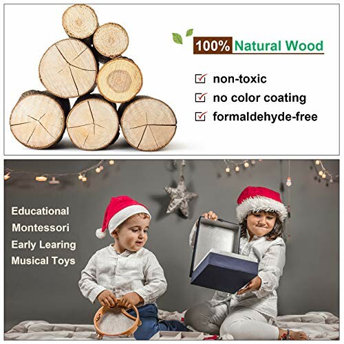 Children with musical toys and natural wood features.