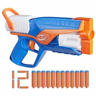 Nerf blaster with darts displayed.