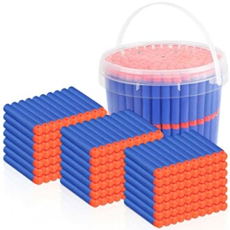 Bucket and stacks of blue and orange foam darts.