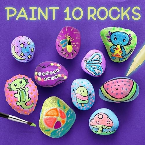 Colorful rocks painted with various designs and characters.